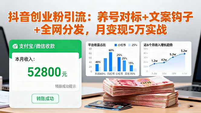 抖音创业粉引流：养号对标+文案钩子+全网分发，月变现5万实战 - 来及网络