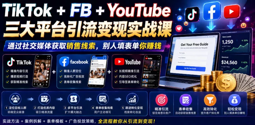 TikTok+FB+YouTube三大平台引流变现实战课，通过社交媒体获取销售线索，别人填表单你賺钱【原创双语字幕】 - 来及网络