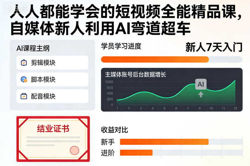 人人都能学会的短视频全能精品课，自媒体新人利用AI弯道超车 - 来及网络