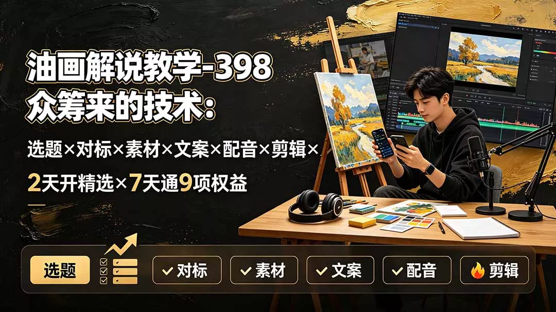 油画解说教学-398众筹来的技术：选题×对标×素材×文案×配音×剪辑×2天开精选×7天通9项权益 - 来及网络