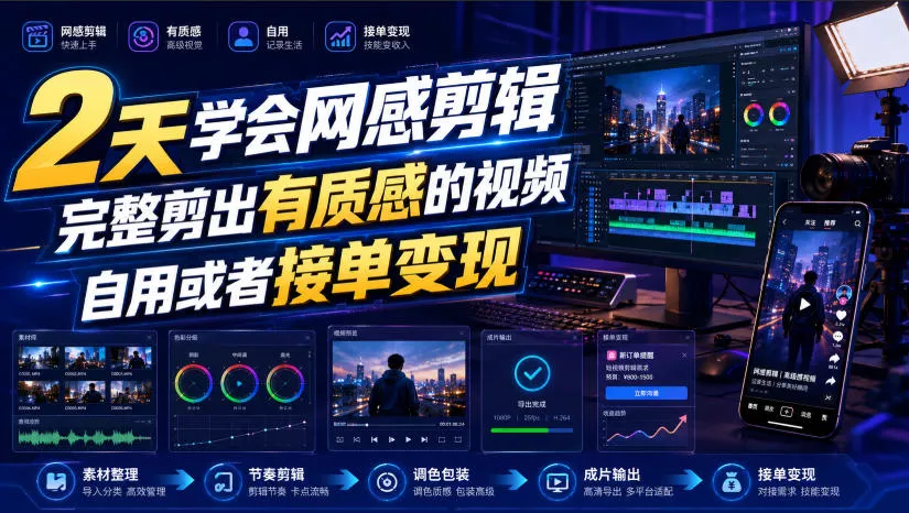 2天学会网感剪辑，完整剪出有质感的视频，自用或者接单变现 - 来及网络