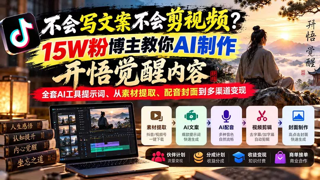 不会写文案不会剪视频？15W粉博主教你AI制作开悟觉醒内容，全套AI工具提示词、从素材提取、配音封面到多渠道变现 - 来及网络