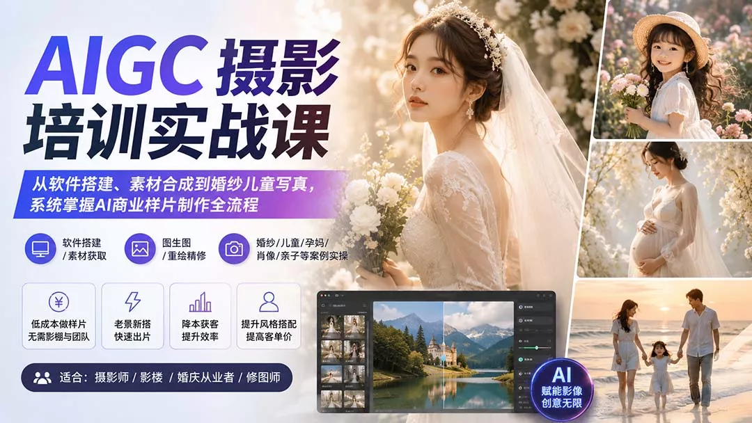 AIGC摄影培训实战课：从软件搭建、素材合成到婚纱儿童写真，系统掌握AI商业样片制作全流程 - 来及网络
