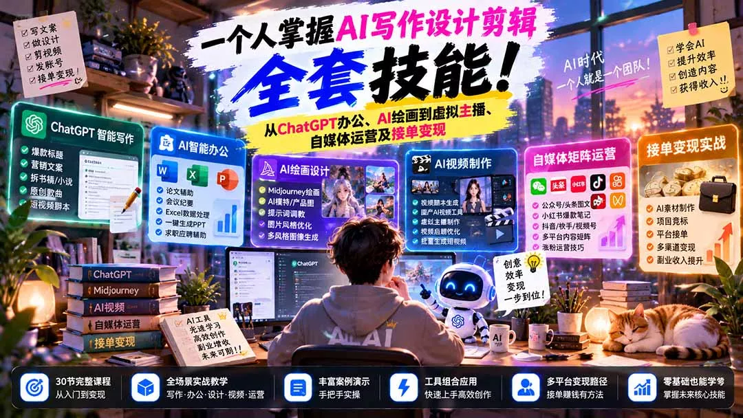 一个人掌握AI写作设计剪辑全套技能：从ChatGPT办公、AI绘画到虚拟主播、自媒体运营及接单变现 - 来及网络