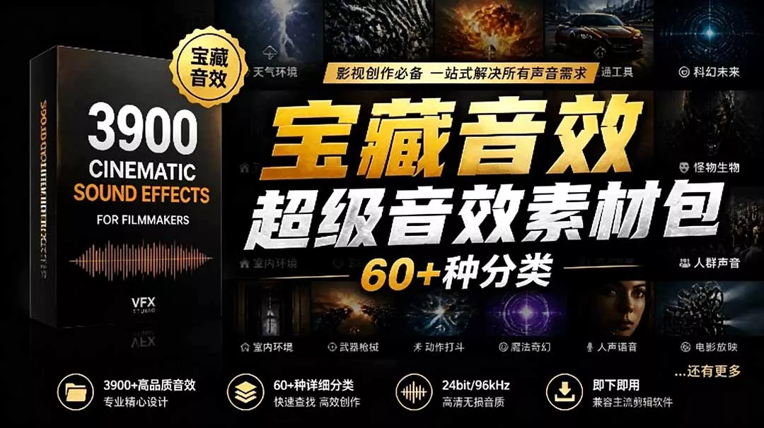 宝藏音效合集包！60+多种音效分类，共计3900个，分类清晰，全中文分类，高品质剪辑音效素材包 - 来及网络
