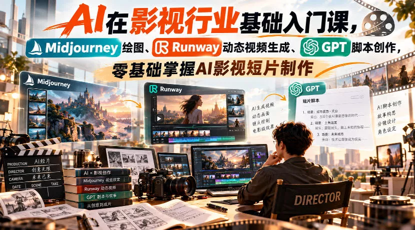 【无水印】AI在影视行业基础入门课，Midjourney绘图、Runway动态视频生成、GPT脚本创作，零基础掌握AI影视短片制作 - 来及网络