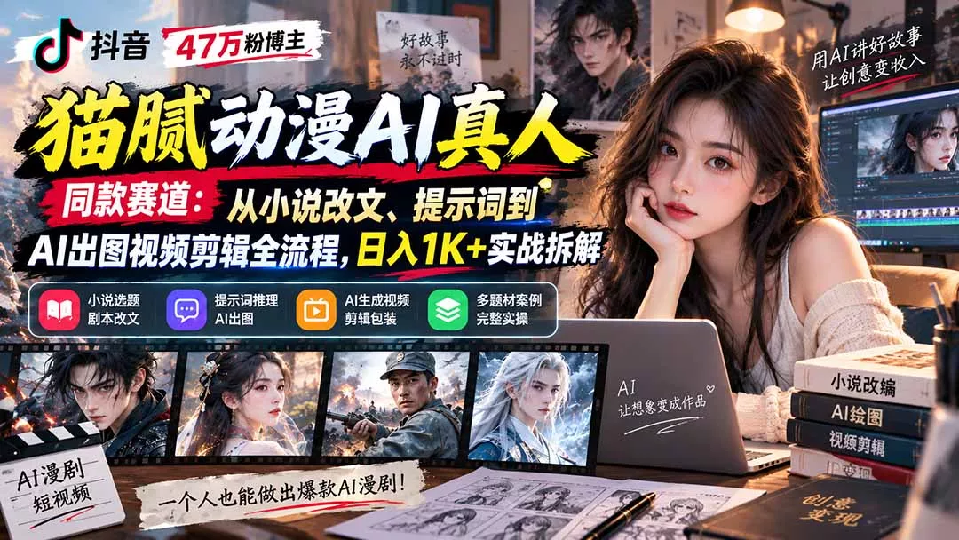 抖音47万粉博主猫腻动漫AI真人同款赛道：从小说改文、提示词到AI出图视频剪辑全流程，日入1K+实战拆解 - 来及网络