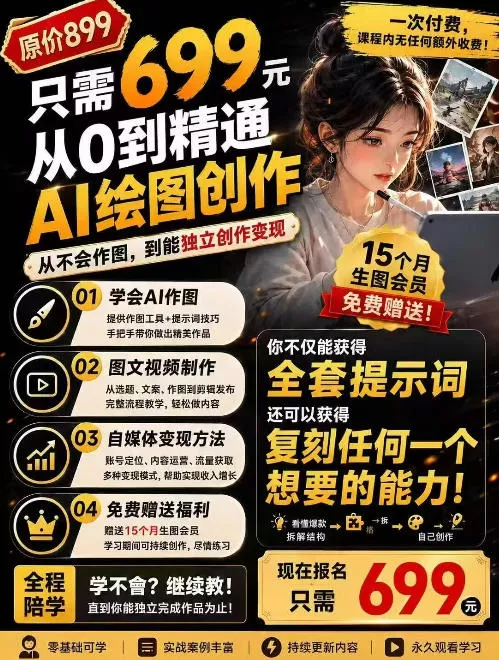 抖音10W粉丝博主的AI绘图教学，从0到精通AI绘图创作，从不会作图到能独立创作变现 - 来及网络