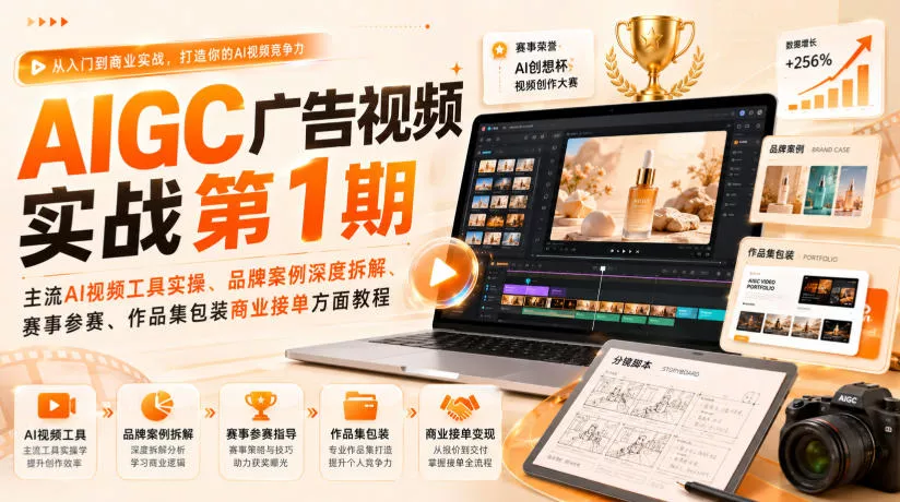 AIGC广告视频实战第1期，主流AI视频工具实操、品牌案例深度拆解、赛事参赛、作品集包装商业接单方面教程 - 来及网络