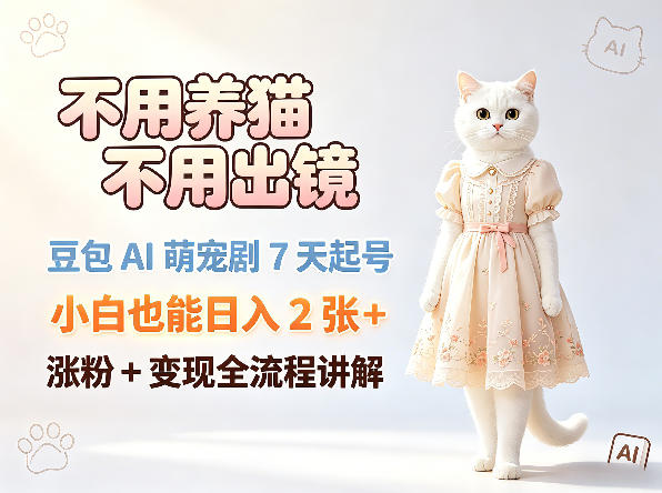 不用养猫不用出镜，豆包AI萌宠剧7天起号，小白也能日入2张+，涨粉+变现全流程讲解 - 来及网络