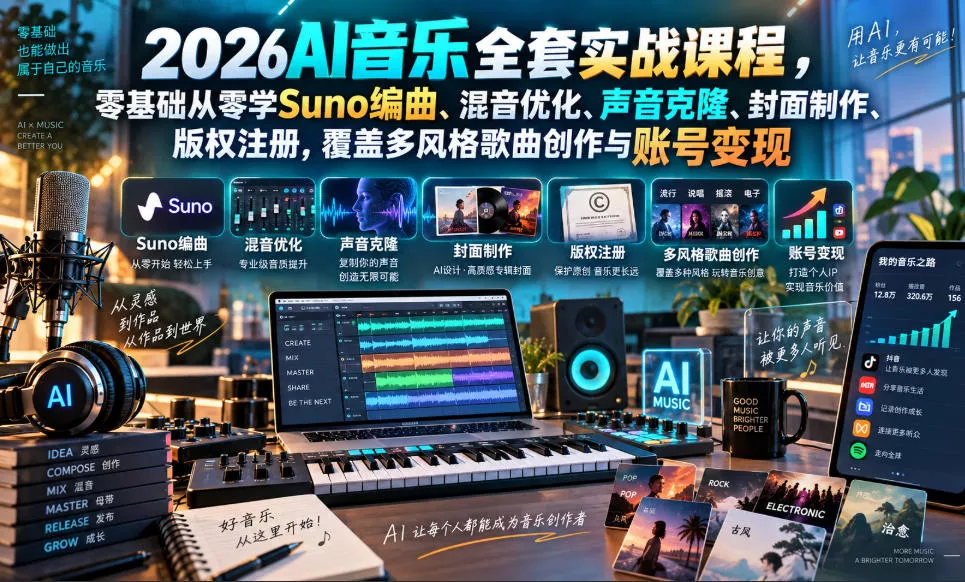 2026AI音乐实战课程，零基础从零学Suno编曲、混音优化、声音克隆、版权注册，覆盖多风格歌曲创作与账号变现(更新0924) - 来及网络