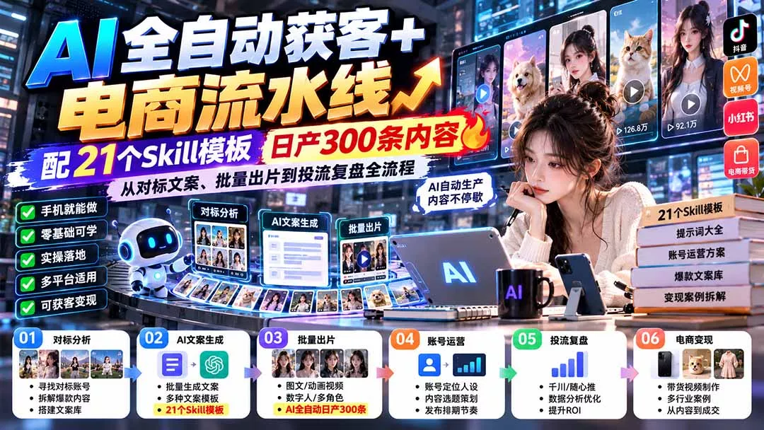 【无水印】AI全自动获客+电商流水线：配21个Skill模板，日产300条内容，从对标文案、批量出片到投流复盘全流程 - 来及网络