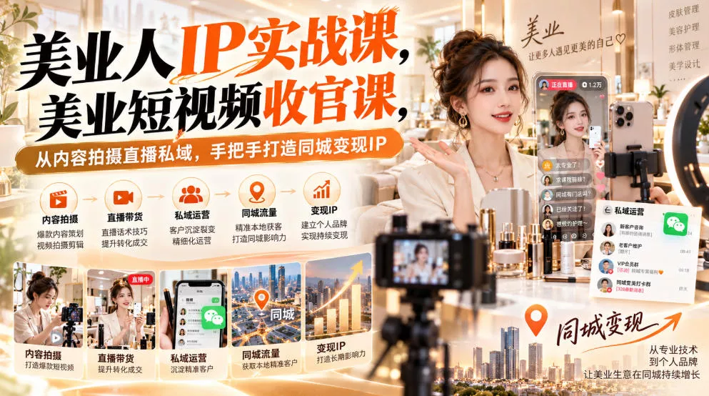 【无水印】美业人IP实战课，美业短视频收官课，从内容拍摄直播私域，手把手打造同城变现IP - 来及网络