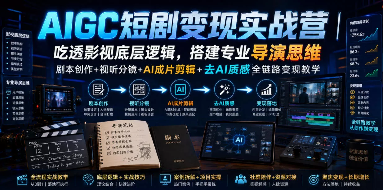 AIGC短剧变现实战营｜吃透影视底层逻辑，搭建专业导演思维，剧本创作+视听分镜+AI成片剪辑+去AI质感全链路变现教学 - 来及网络