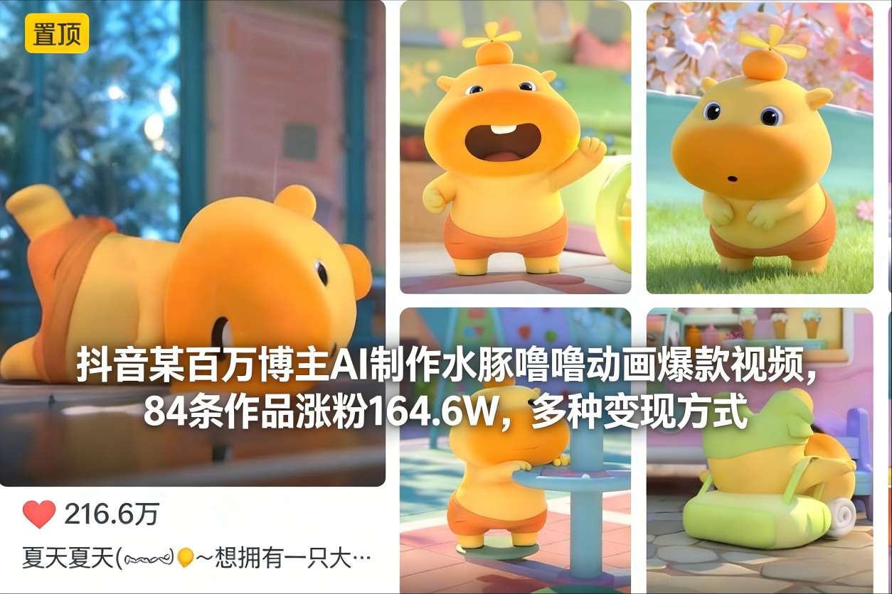 抖音某百万博主AI制作水豚噜噜动画爆款视频，84条作品涨粉164.6W，多种变现方式 - 来及网络