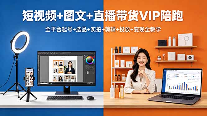 短视频+图文+直播带货VIP陪跑，全平台起号+选品+实拍+剪辑+投放+变现全教学 - 来及网络