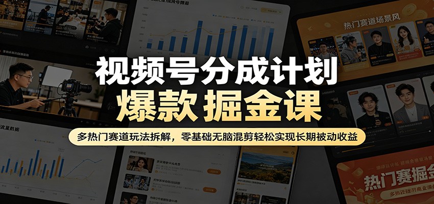 视频号分成计划爆款掘金课：多热门赛道玩法拆解，零基础无脑混剪轻松实现长期被动收益 - 来及网络