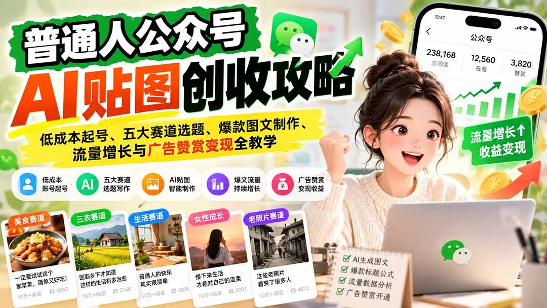 普通人公众号AI贴图创收攻略：低成本起号、五大赛道选题、爆款图文制作、流量增长与广告赞赏变现全教学 - 来及网络