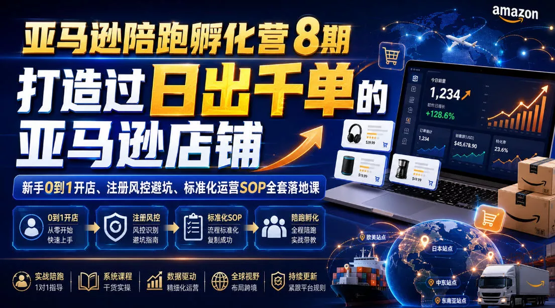 亚马逊陪跑孵化营8期，打造过日出千单的亚马逊店铺，新手0到1开店、注册风控避坑、标准化运营SOP全套落地课 - 来及网络