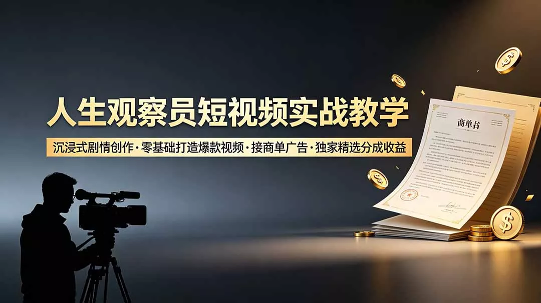 人生观察员短视频实战教学，沉浸式剧情创作，零基础打造爆款视频，接商单广告，独家精选分成收益 - 来及网络
