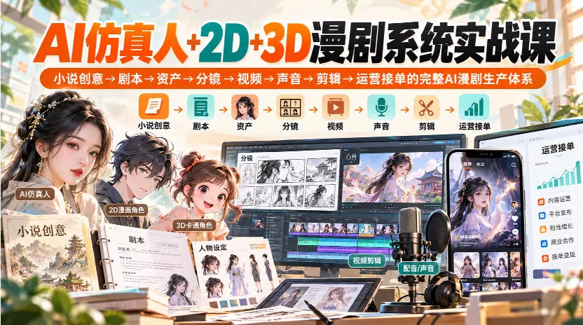 【无水印】AI仿真人+2D+3D漫剧系统实战课，小说创意→剧本→资产→分镜→视频→声音→剪辑→运营接单的完整AI漫剧生产体系 - 来及网络