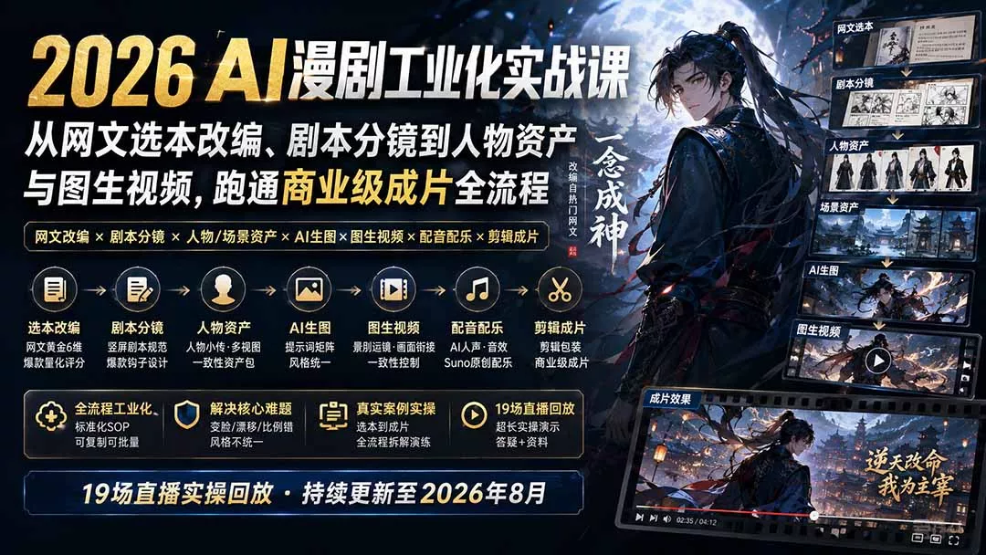 2026 AI漫剧工业化实战课-更新：从网文选本改编、剧本分镜到人物资产与图生视频，跑通商业级成片全流程 - 来及网络