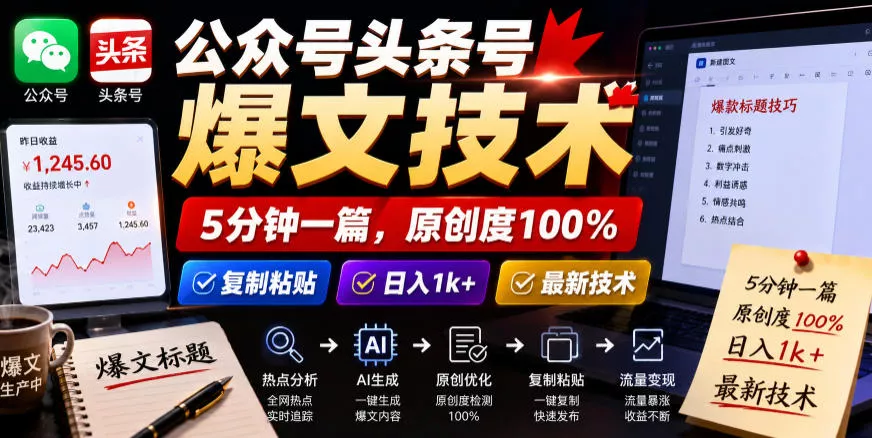 公众号头条号爆文技术，5分钟一篇，原创度100%，复制粘贴，日入1k+，最新技术【揭秘】 - 来及网络