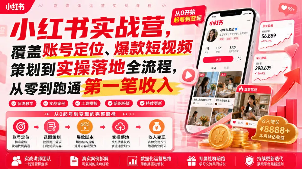 小红书实战营，覆盖账号定位、爆款短视频策划到实操落地全流程，从零到跑通第一笔收入 - 来及网络