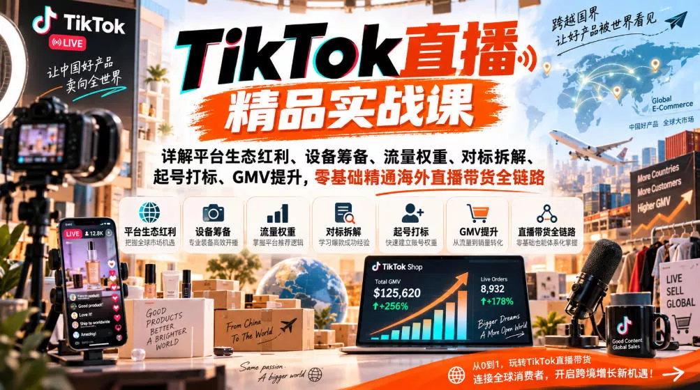 TikTok直播精品实战课，详解平台生态红利、设备筹备、流量权重、对标拆解、起号打标、GMV提升，零基础精通海外直播带货全链路 - 来及网络