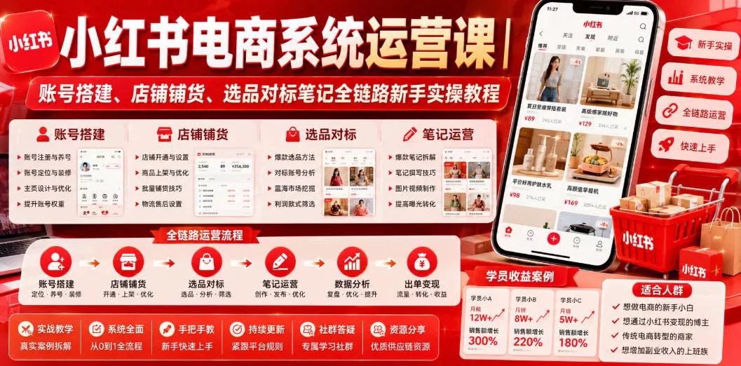 小红书电商系统运营课｜账号搭建、店铺铺货、选品对标笔记全链路新手实操教程 - 来及网络