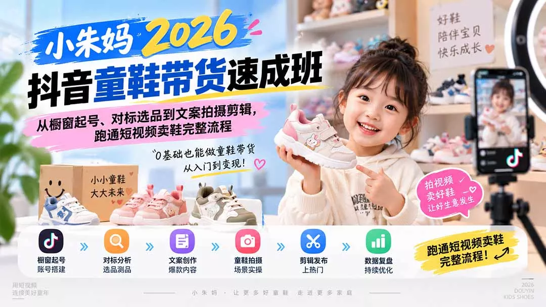 小朱妈2026抖音童鞋带货速成班：从橱窗起号、对标选品到文案拍摄剪辑，跑通短视频卖鞋完整流程 - 来及网络