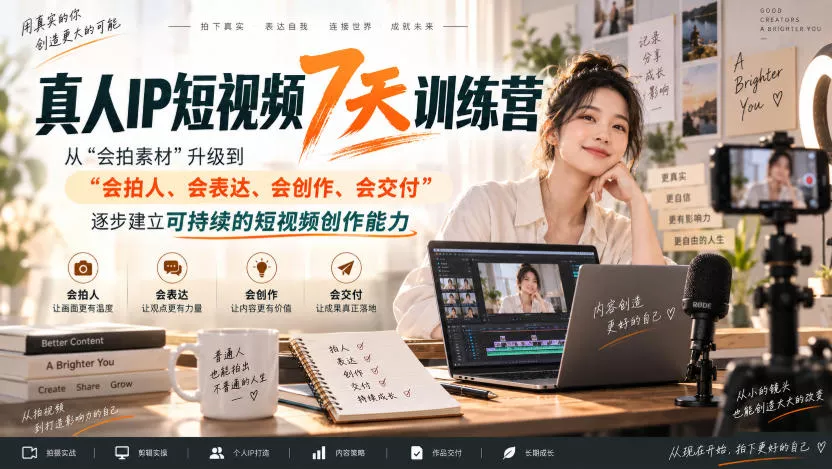 真人IP短视频7天训练营，从“会拍素材”升级到“会拍人、会表达、会创作、会交付”，逐步建立可持续的短视频创作能力 - 来及网络