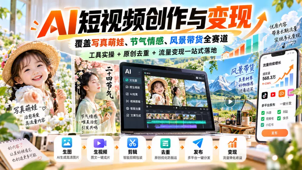 AI短视频创作与变现，覆盖写真萌娃、节气情感、风景带货全赛道，工具实操+原创去重+流量变现一站式落地 - 来及网络