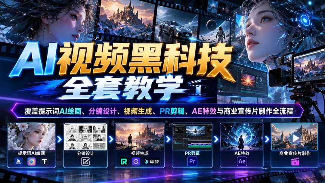 AI视频黑科技全套教学：覆盖提示词AI绘画、分镜设计、视频生成、PR剪辑、AE特效与商业宣传片制作全流程 - 来及网络
