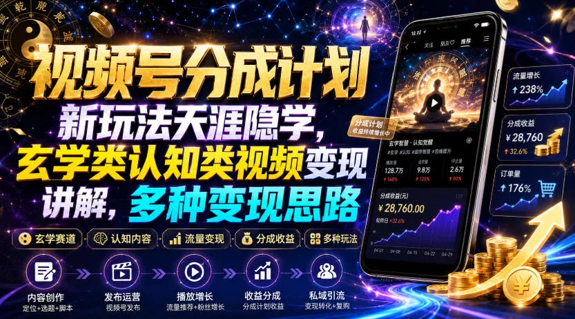 视频号分成计划新玩法天涯隐学，玄学类认知类视频变现讲解，多种变现思路 - 来及网络