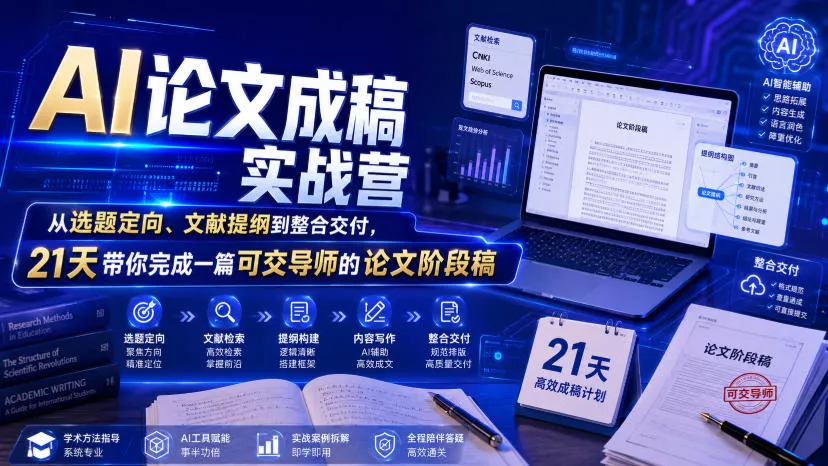 AI论文成稿实战营，从选题定向、文献提纲到整合交付，21天带你完成一篇可交导师的论文阶段稿 - 来及网络