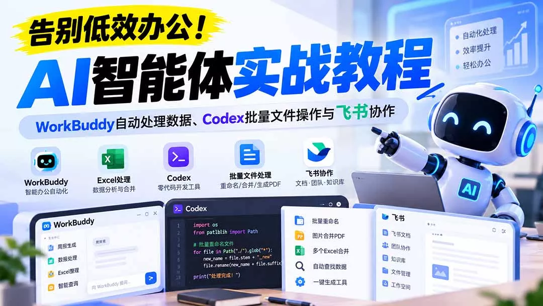 【无水印】告别低效办公！《AI智能体实战教程》WorkBuddy自动处理数据、Codex批量文件操作与飞书协作 - 来及网络