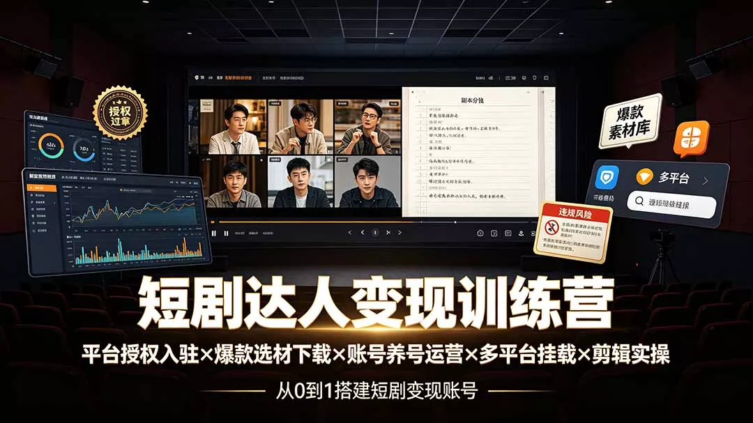 短剧达人变现训练营：平台授权入驻×爆款选材下载×账号养号运营×多平台挂载×剪辑实操×违规处理全流程 - 来及网络