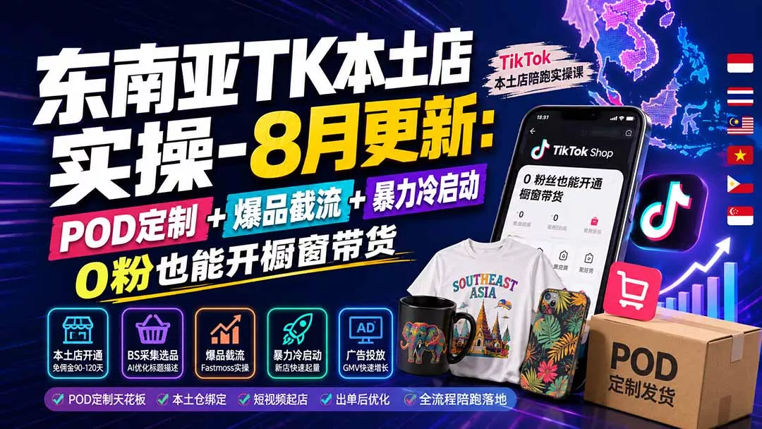东南亚TK本土店实操-8月更新：POD定制+爆品截流+暴力冷启动，0粉也能开橱窗带货 - 来及网络