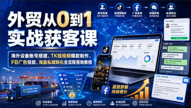 外贸从0到1实战获客课｜海外设备账号搭建、TK短视频爆款制作、FB广告投放、询盘私域转化全流程落地教程 - 来及网络