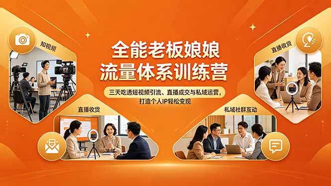 全能老板娘流量体系训练营，三天吃透短视频引流、直播成交与私域运营，打造个人IP轻松变现 - 来及网络