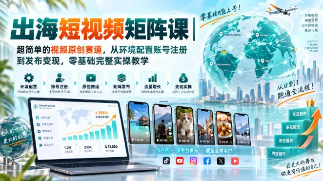 出海短视频矩阵课｜超简单的视频原创赛道，从环境配置账号注册到发布变现，零基础完整实操教学 - 来及网络