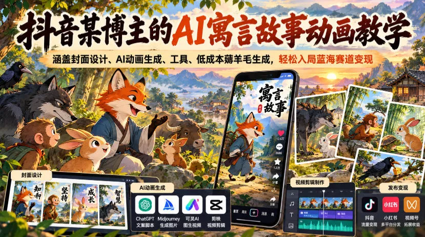 抖音某博主的AI寓言故事动画教学，涵盖封面设计、AI动画生成、工具、低成本薅羊毛生成，轻松入局蓝海赛道变现 - 来及网络