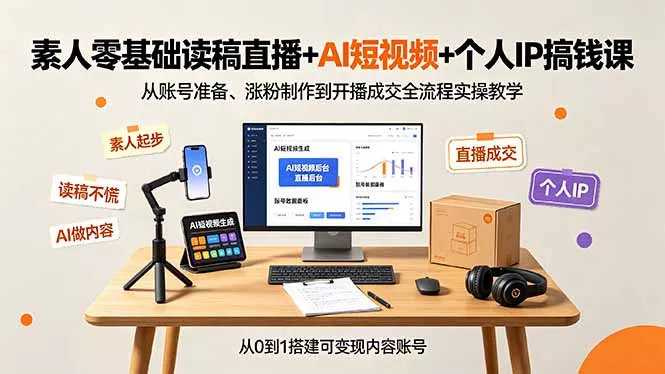 素人零基础读稿直播+AI短视频+个人IP搞钱课，从账号准备、涨粉制作到开播成交全流程实操教学 - 来及网络