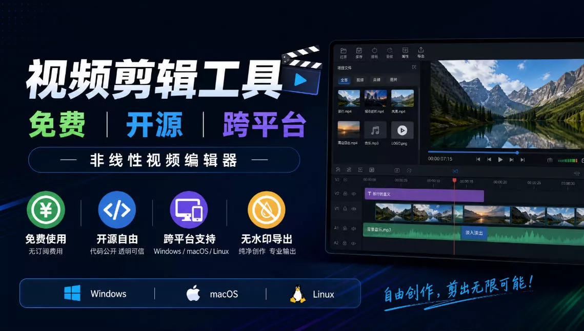 视频剪辑工具，免费、开源、跨平台，非线性视频编辑器，支持Windows、macOS、Linux，无水印、无订阅费用 - 来及网络