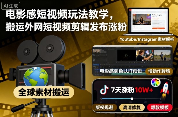 电影感短视频玩法教学，搬运外网短视频剪辑发布涨粉 - 来及网络