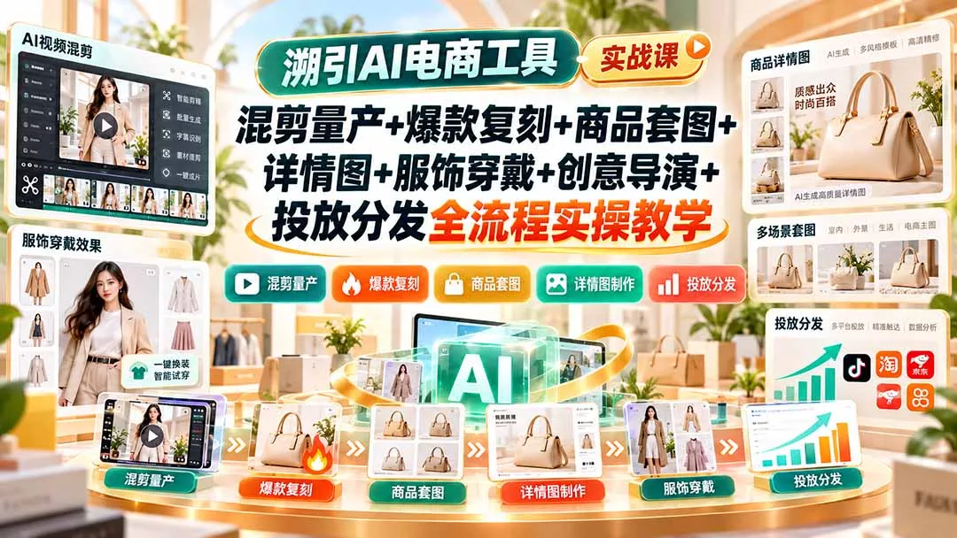溯引AI电商工具实战课：混剪量产+爆款复刻+商品套图+详情图+服饰穿戴+创意导演+投放分发全流程实操教学 - 来及网络