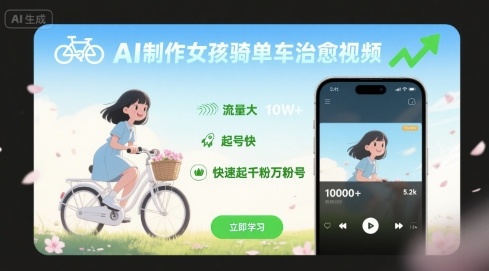 AI制作女孩骑单车治愈视频，流量大，起号快，快速起千粉万粉号 - 来及网络