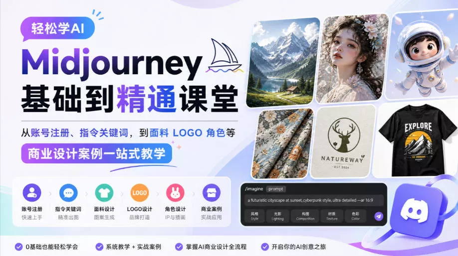 轻松学AI Midjourney基础到精通课堂，从账号注册、指令关键词，到面料LOGO角色等商业设计案例一站式教学 - 来及网络