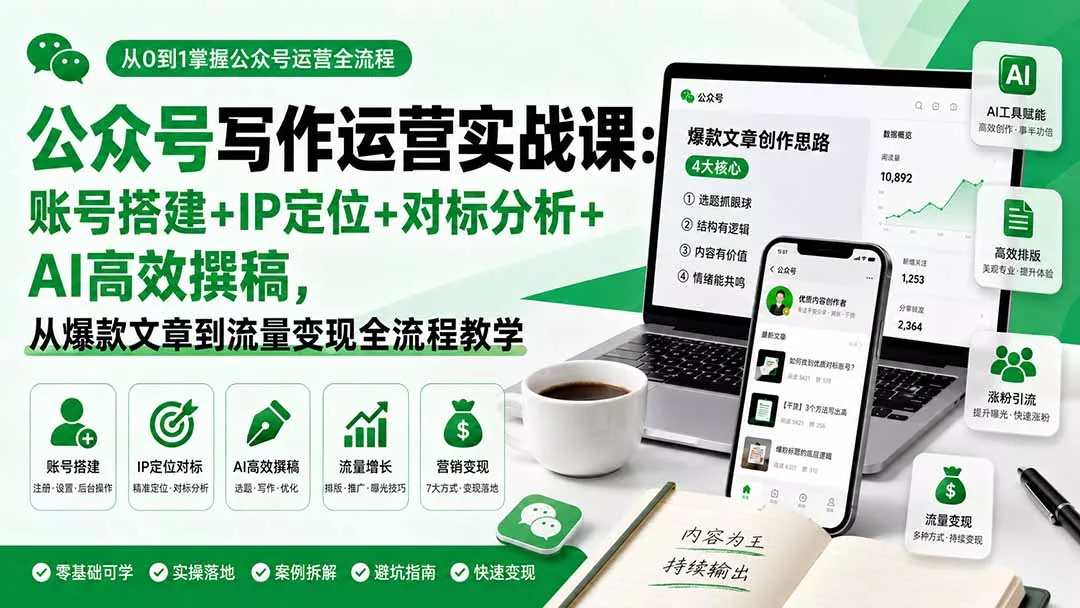 公众号写作运营实战课：账号搭建+IP定位+对标分析+AI高效撰稿，从爆款文章到流量变现全流程教学 - 来及网络